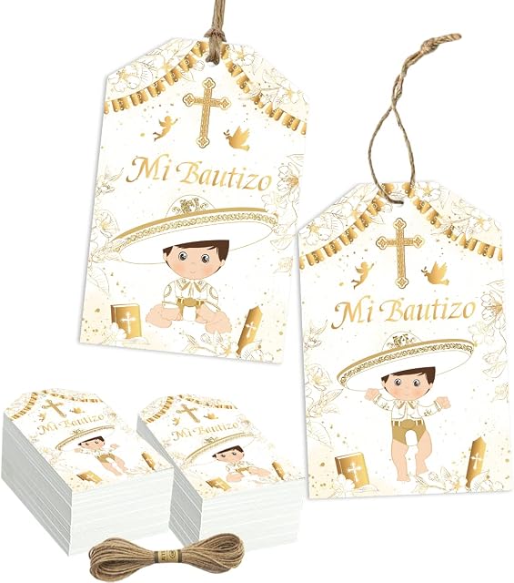 50Pcs Mi Bautizo Decorations-Gold Religious Boy Baptism Favor Tags for Boy God Bless,Baptism Party Decoration Christening Supplies Gift Mi Bautizo Tags Baptism Thank You Tags(Mi Bautizo)