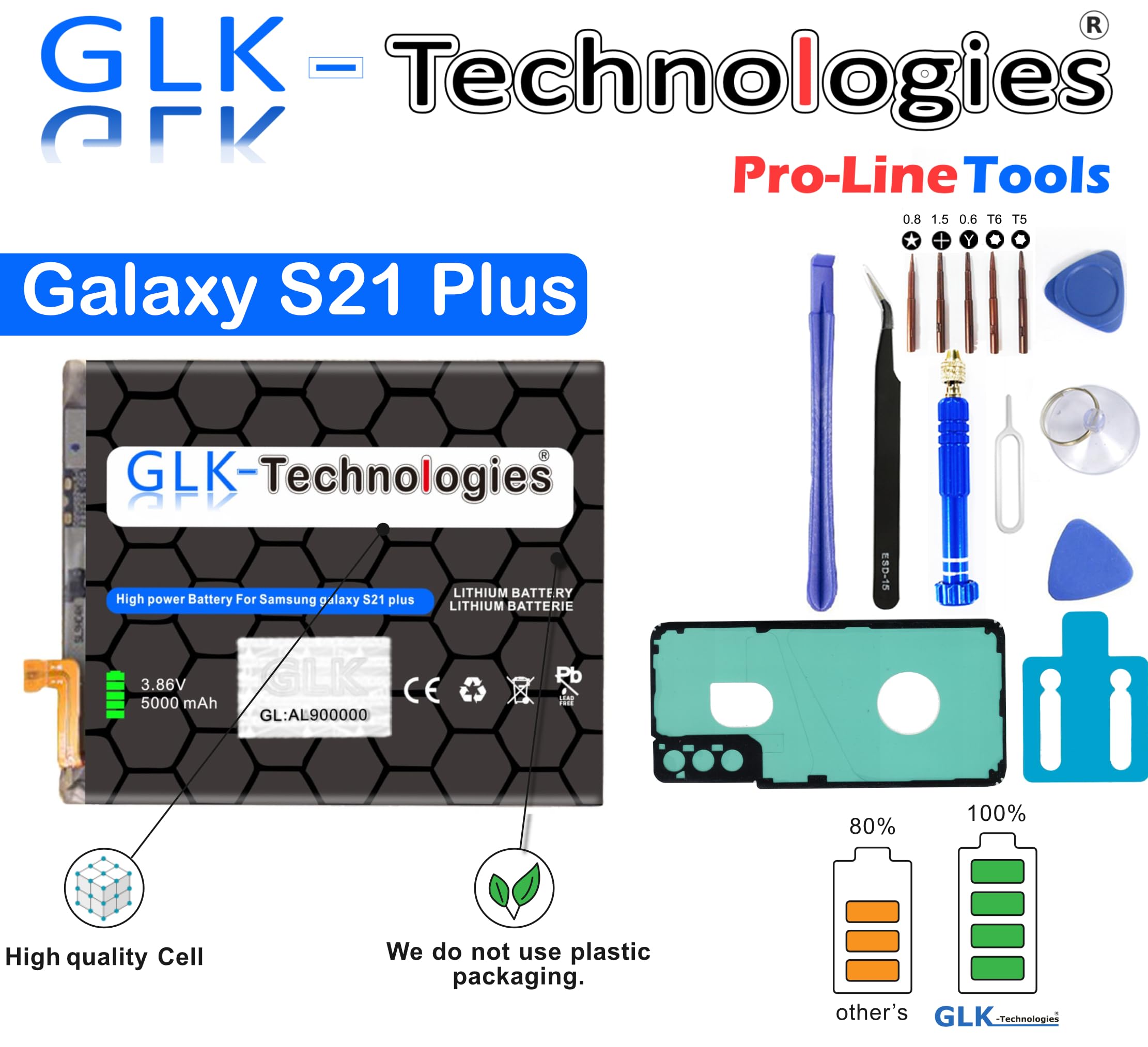 GLK-Technologies® High Power Ersatzakku kompatibel mit Samsung Galaxy S21 Plus G996B EB-BG996ABY Battery accu 5000mAh Akku inkl. Profi Werkzeug Set Kit NUE 2026 BJ