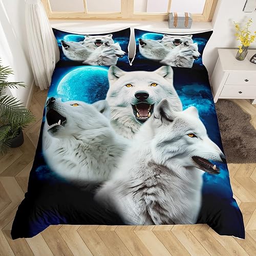 Miniatura 4 de Manfei Juego de funda de edredón con estampado 3D de lobo blanco, juego de ropa de cama de 3 piezas para decoración de habitación de niños y