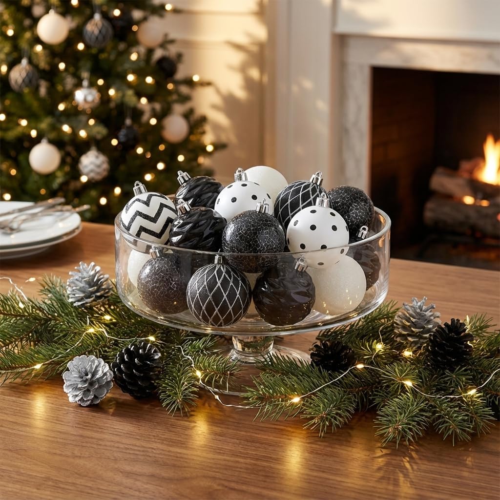 Valery Madelyn Christmas Ornaments Tree Decorations, 30ct Black and White Shatterproof Christmas Ball Ornaments Set, 2.36 Inch Boho Modern Decorative Hanging Ornament Bulk for Xmas Holiday Party Decor