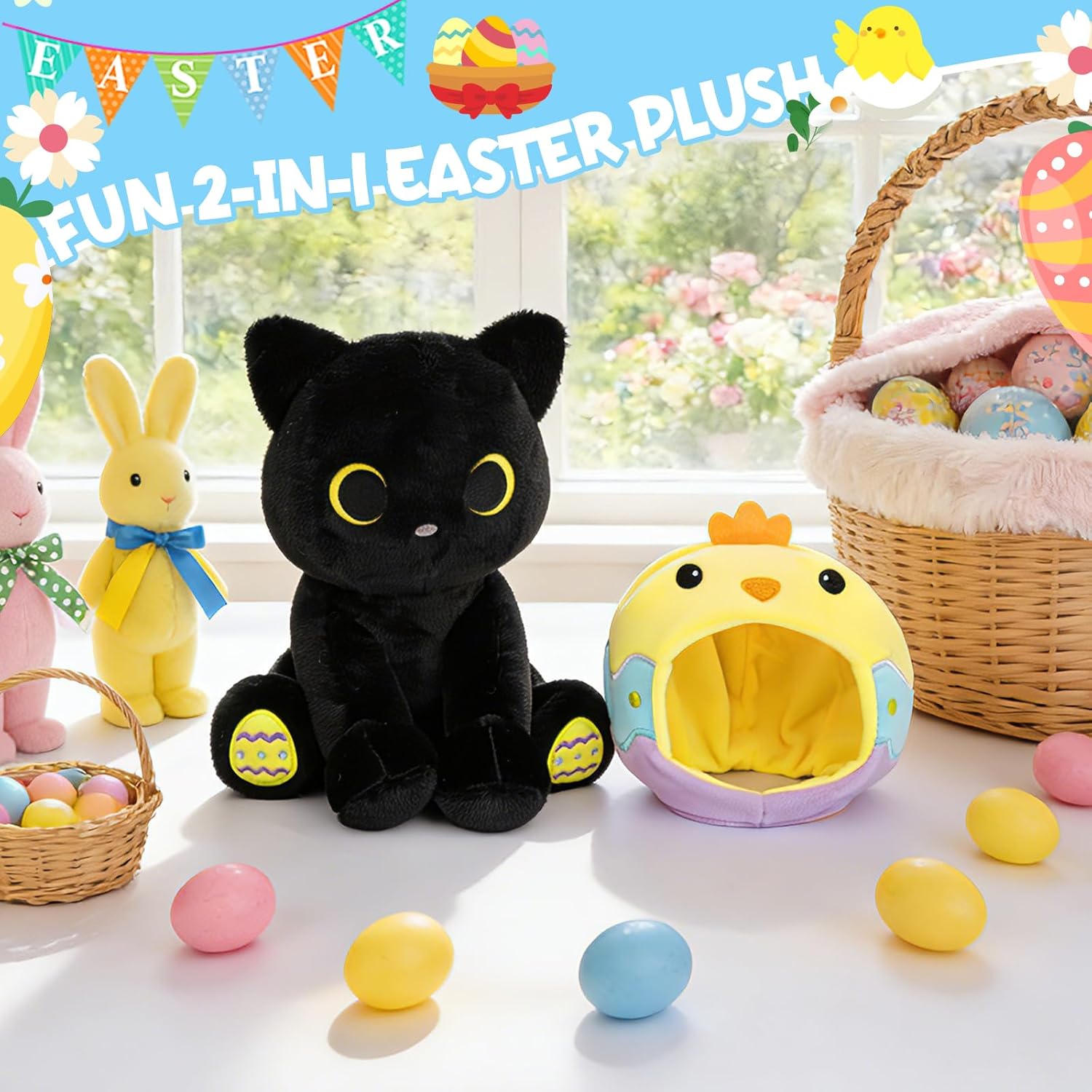 Easter Chicken Cat Plush with Removable Colored Eggs Hood - 8" Easter Stuffed Animal, Cute Cat Plush for Kids Adults, Super Soft Huggable Easter Gift, Basket Stuffer & Hunting