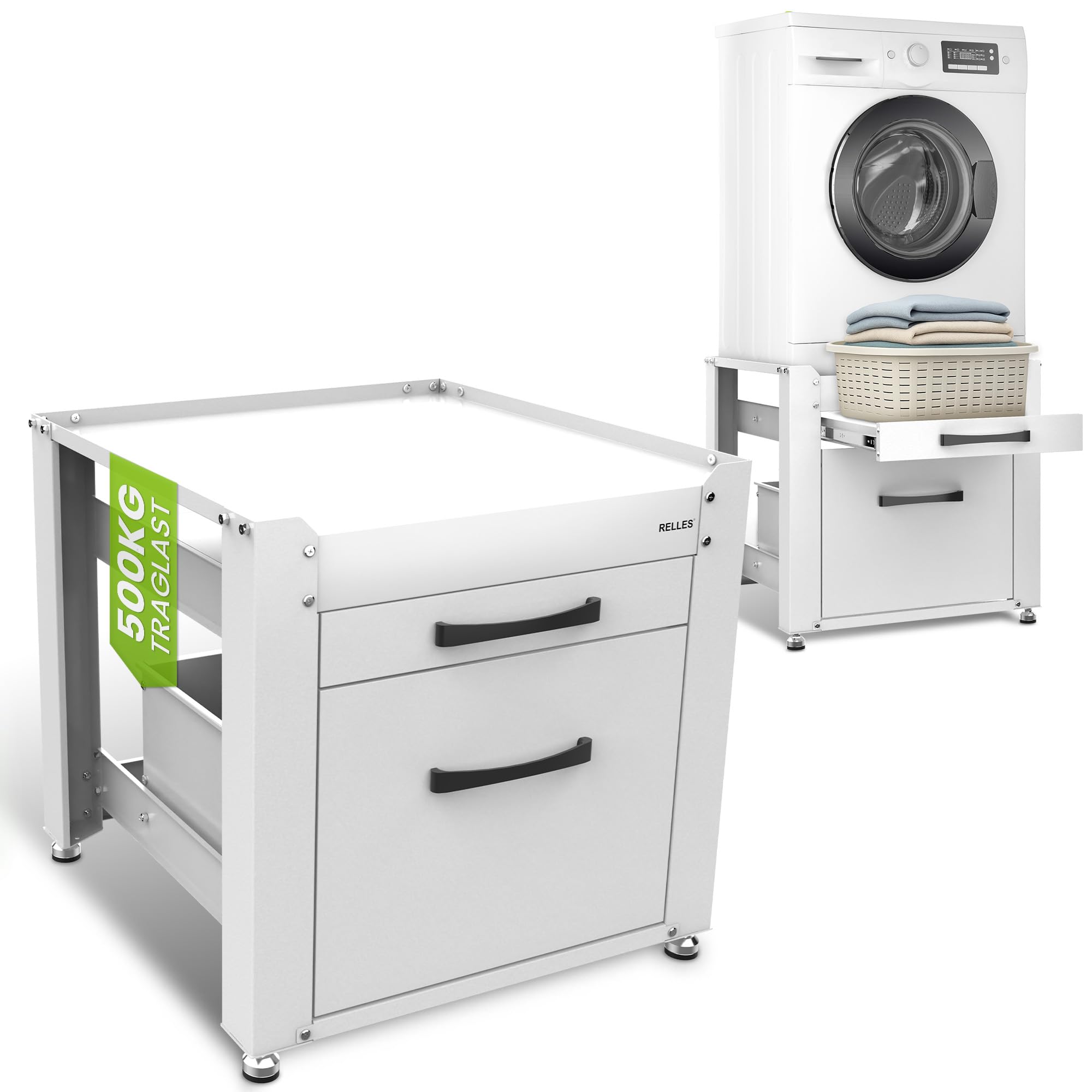 Untergestell mit Schublade und Ablage, 500 kg Tragkraft, Unterbau aus Stahl, 62x62x57,5 cm (LxBxH), Podest für Waschmaschine und Trockner, Unter Schrank Erhöhung, Höhenverstellbare Füße