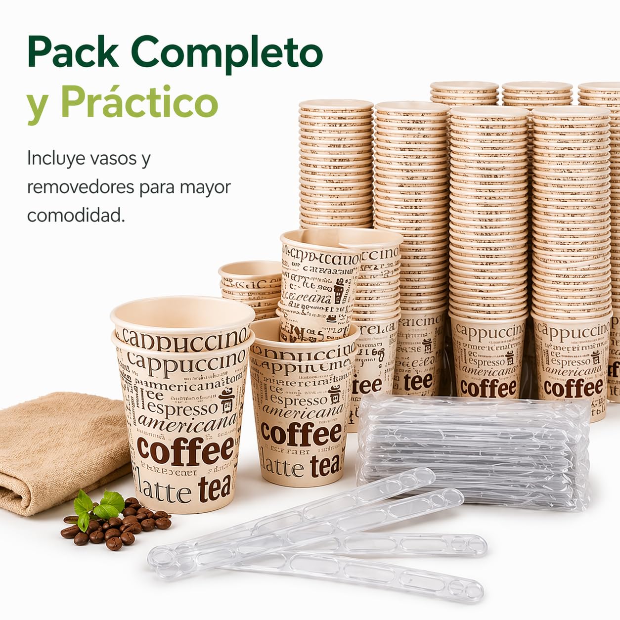 Pack 500 Vasos Café Desechables y Paletinas Café Reutilizables 240 ml | APTO para bebidas calientes y frías | Ideales para oficina y eventos | Uso Profesional y Doméstico |