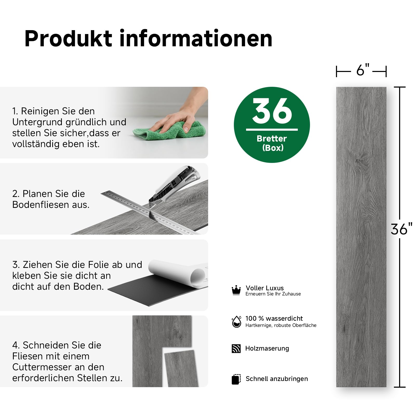Selbstklebende Bodenfliesen Vinyl-Bodenfliesen Holzoptik zum Abziehen und Aufkleben, 2,0 mm 36 Dielen kratzfest, für Wohnzimmer Flur Büro Bodendielen (5,02m², Dunkelgrau)