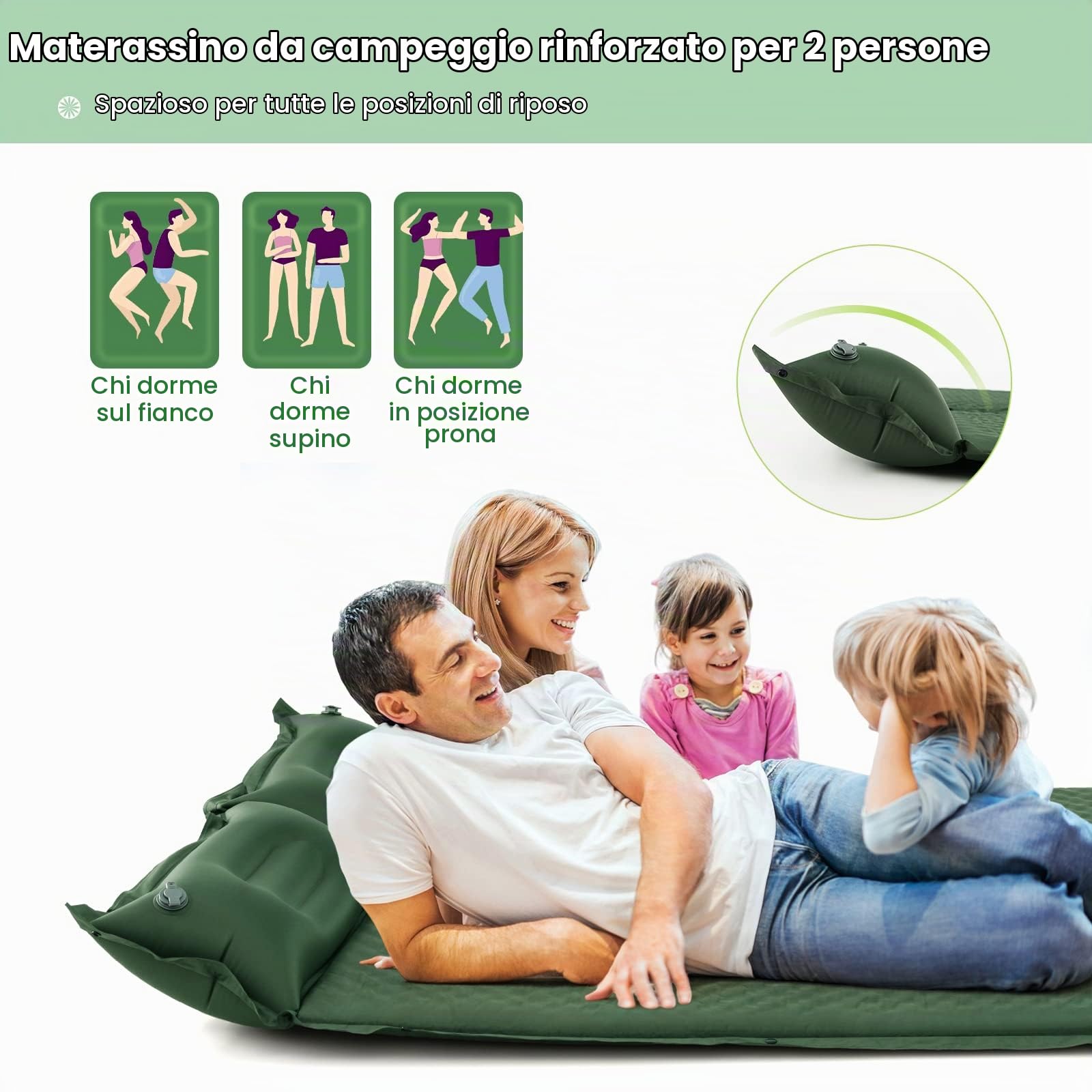KOMFOTTEU Materassino da Campeggio Autogonfiabile 2 Persone con Cuscino | Materassino Portatile Pieghevole per Dormire all'Aperto, Impermeabile per Escursioni, 190x130 cm, Verde