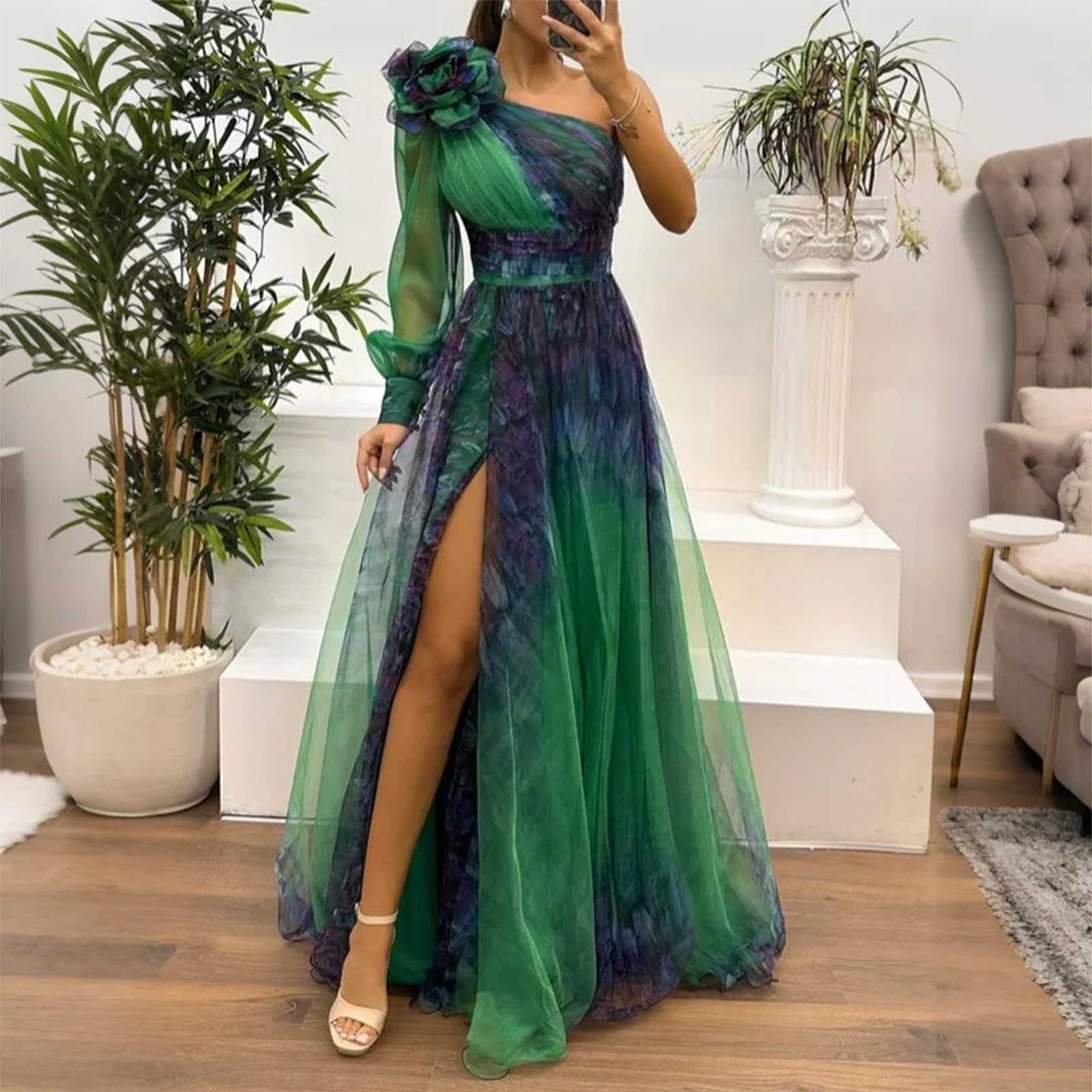 Générique Robe Femme Épaule Asymétrique et Manches Longues en Tulle Imprimé Fleuri avec Bretelles Robe Plage et Fêtes d'Été de Vacances