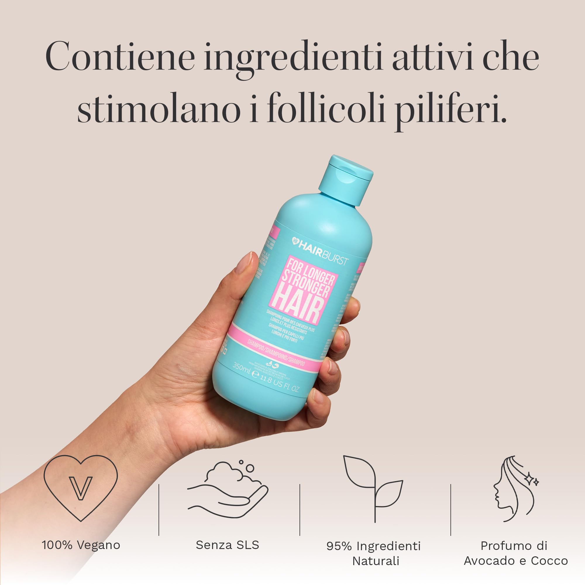 HAIR BURST Shampoo per la crescita dei capelli per donna — Riduce la perdita, rafforza la crescita esistente, senza SLS e parabeni - Aroma di cocco e avocado
