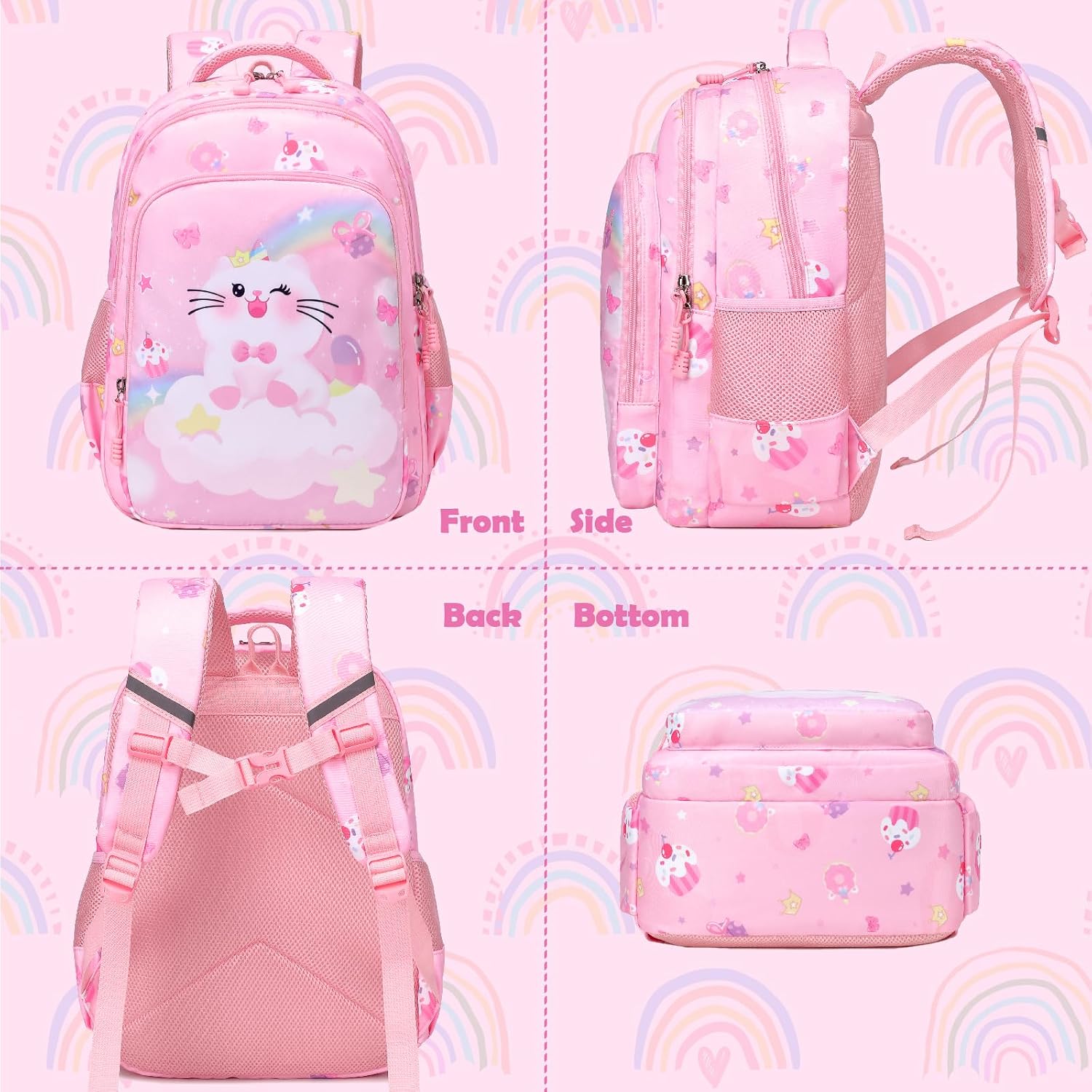 Kimwadalh Girls Backpack with Lunch Box Pencil Case for Elementary School, 3 in 1 Schoolbag with Chest Strap for School Girls
