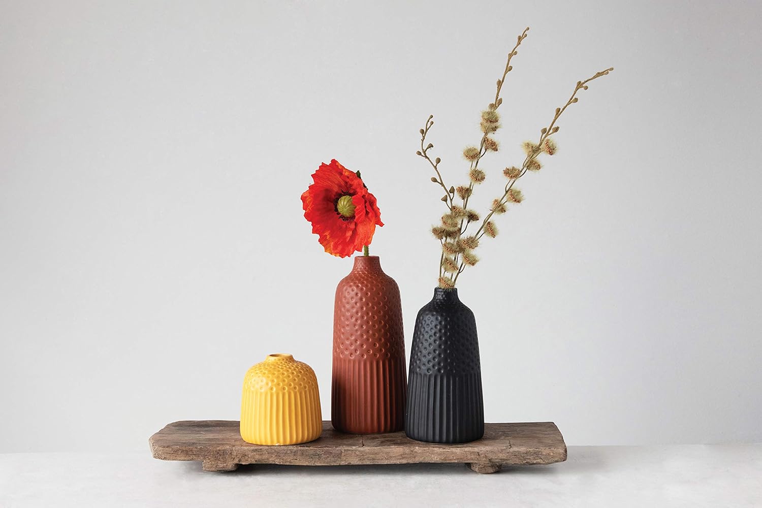 Creative Co-Op Embossed Stoneware Vases with Fluted & Polka Dot Designs (Set of 3 Sizes/Colors)