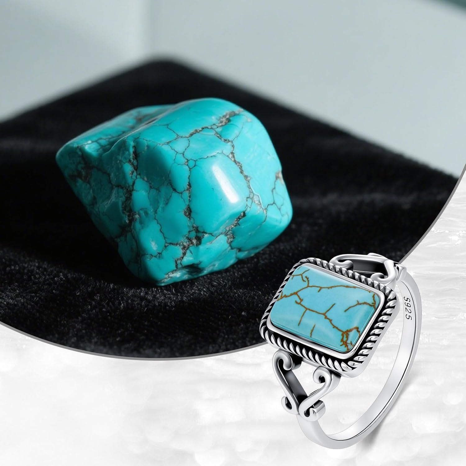 Real Turquoise Rings 925 Sterling Silver Square Shape Turquoise Gemstone Ring Jewelry Gifts for Women