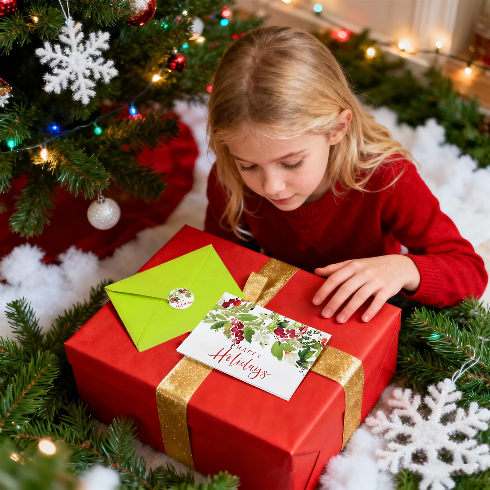 Whaline Lot de 100 cartes de vœux de Noël en vrac, cartes de vœux « Happy Holidays » avec feuilles vierges avec enveloppe autocollante pour vœux d'anniversaire