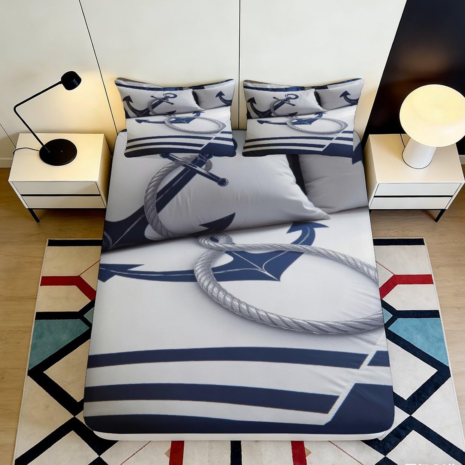 Jqzkxnhpbr Style-3 3D Printed Nautical Rope Fitted Sheet Microfiber Soft Navy Ocean Stripe Mattress Cover For Bedroom Dorm Decor 90X200x25cm