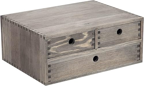 Miniatura 3 de Armario de almacenamiento de escritorio de madera gris piedra rústica con cajones, asas redondas recortadas, organizador de madera, soporte de mesa,