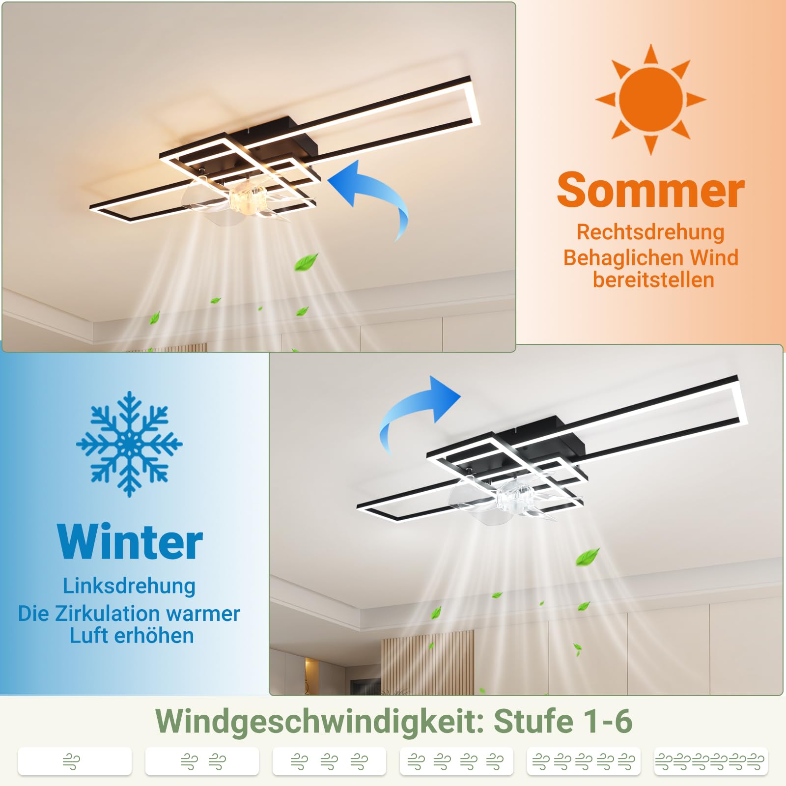 Deckenventilator mit Beleuchtung Deckenleuchte LED Deckenlampe | Schwarz 41W Dimmbar Ventilator Leise mit Light 6 Geschwindigkeiten Wohnzimmerlampe Groß Rechteckig für Schlafzimmer Küche