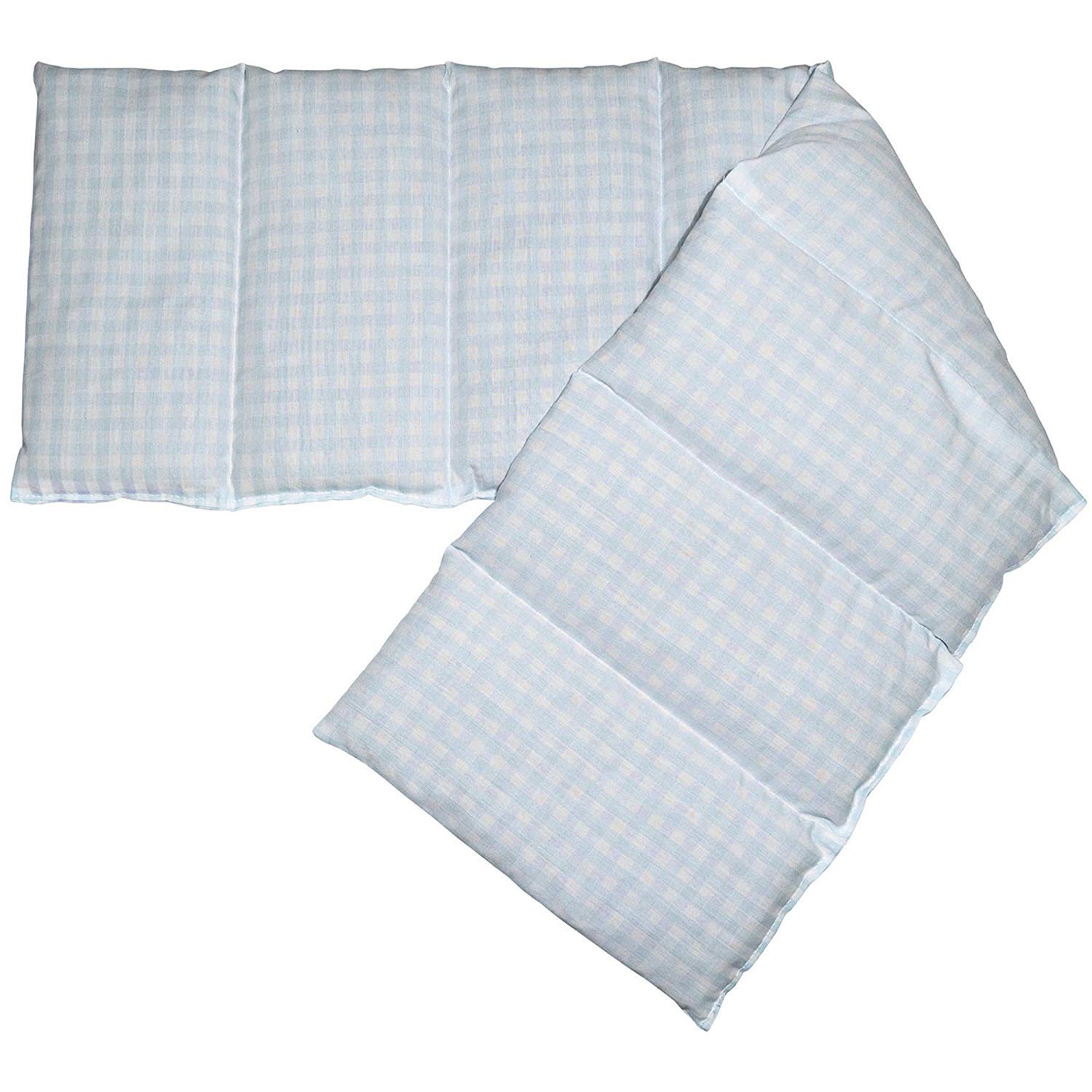 Cuscino termico - Cuscino con semi di lino, 75x20cm. Cuscino termico per la schiena, il ventre e molto altro. (Cotone Bio blu chiaro e bianco, diviso en 8 compartimenti)