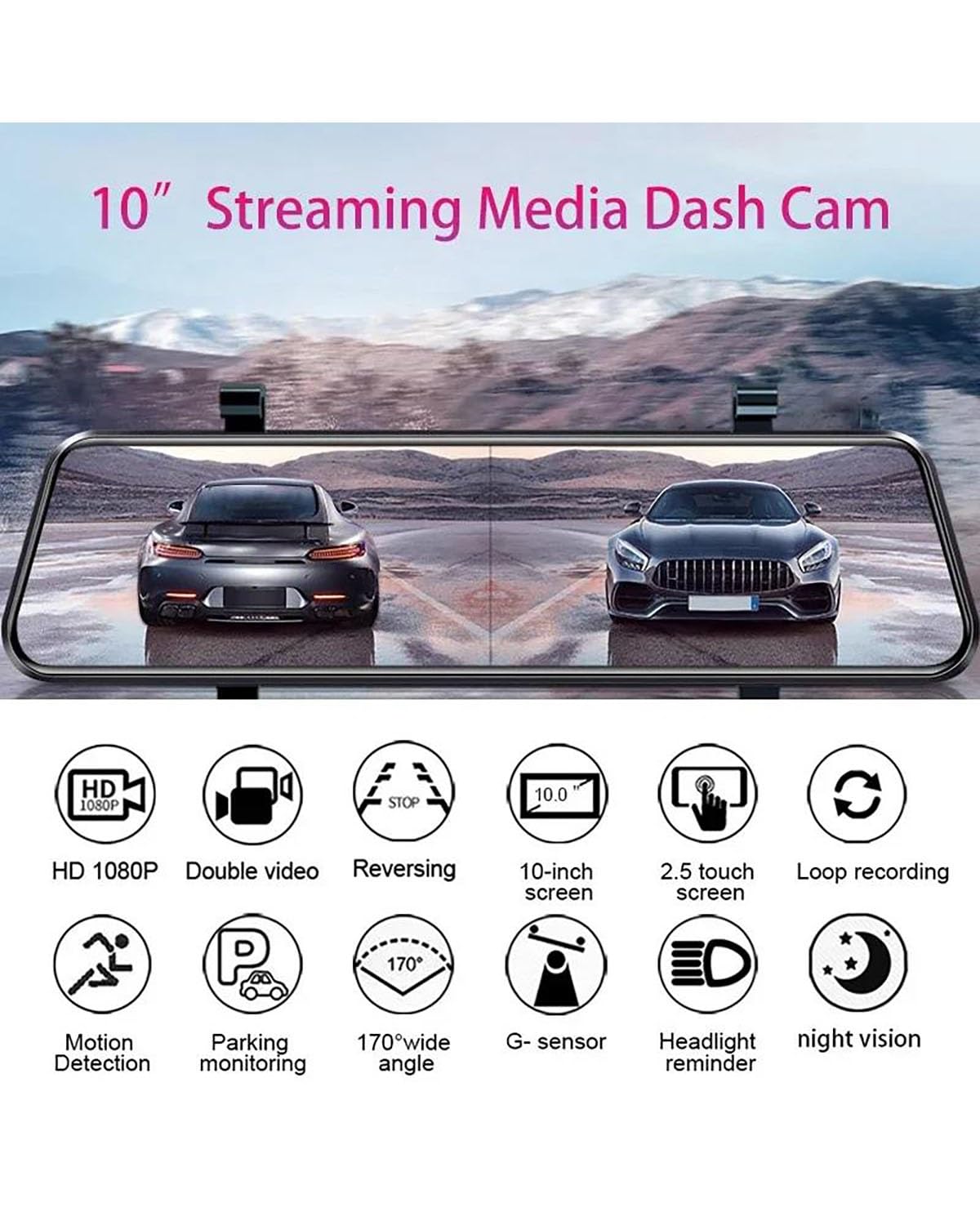 Dash Cam Auto Dashcam DVR con Schermo Touch da 10'' Auto Streaming Multimediale 1080P Doppia Lente IPS Specchietto Retrovisore Telecamera Visione Notturna Dashcam(1080P No WiFi 64G)