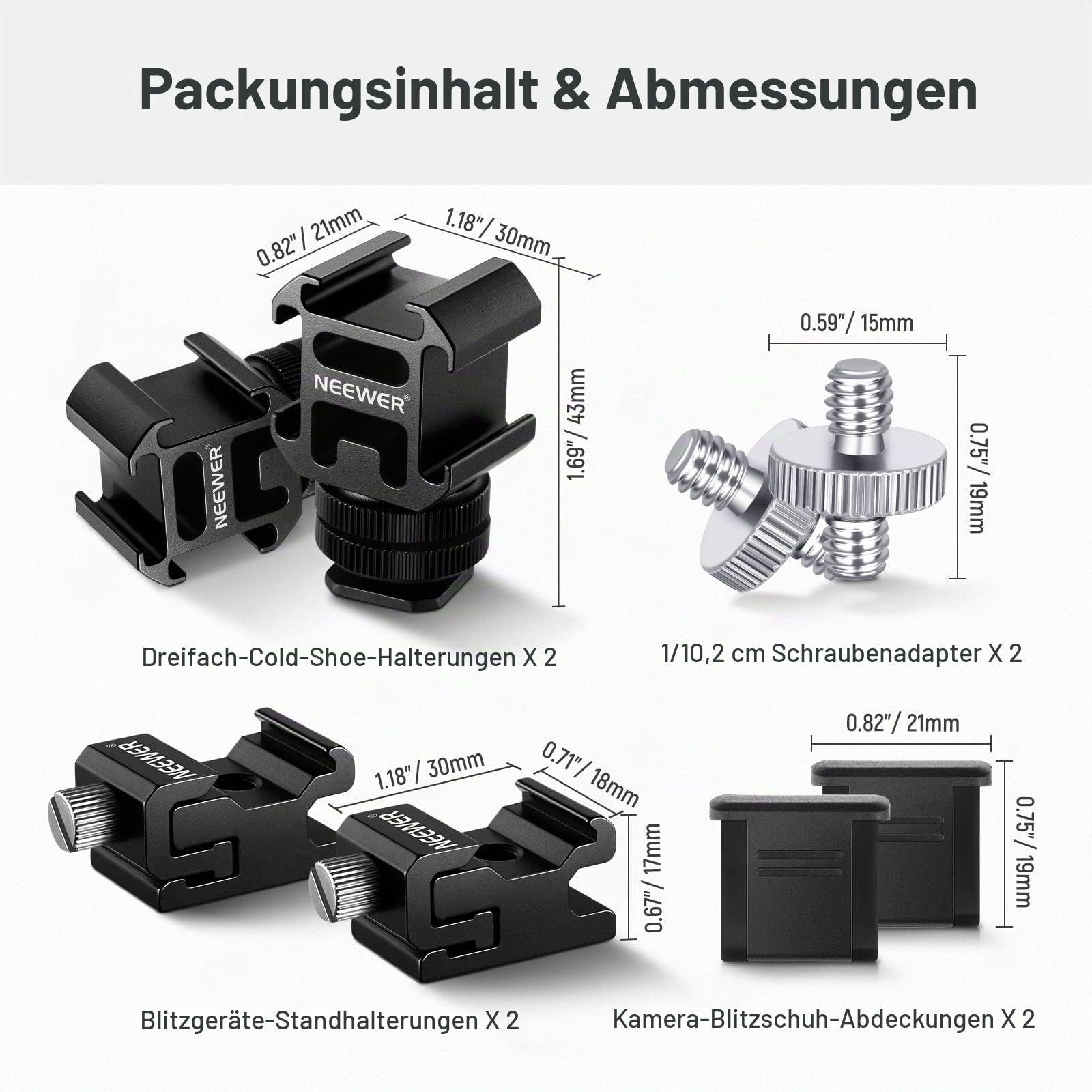 NEEWER 8 PCs Hot Shoe Mount Adapter Kit, inklusive Triple Cold Shoe Mount, 1/4" Schraube, Blitzstativhalterung und Hot Shoe Cover für DSLR Kameras, LED Leuchten, Mikrofon, Lichtständer, Monitor