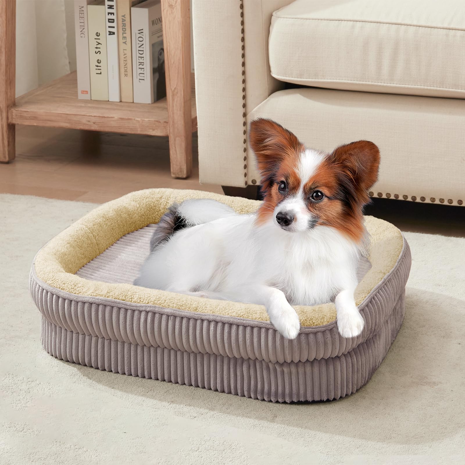 Orthopedic Dog Bed for Puppies and Small Dogs, High Density Foam Dog Sofa, Pet Bed with Cushion on Four Sides, Removable Washable Cover and Non-Slip Bottom