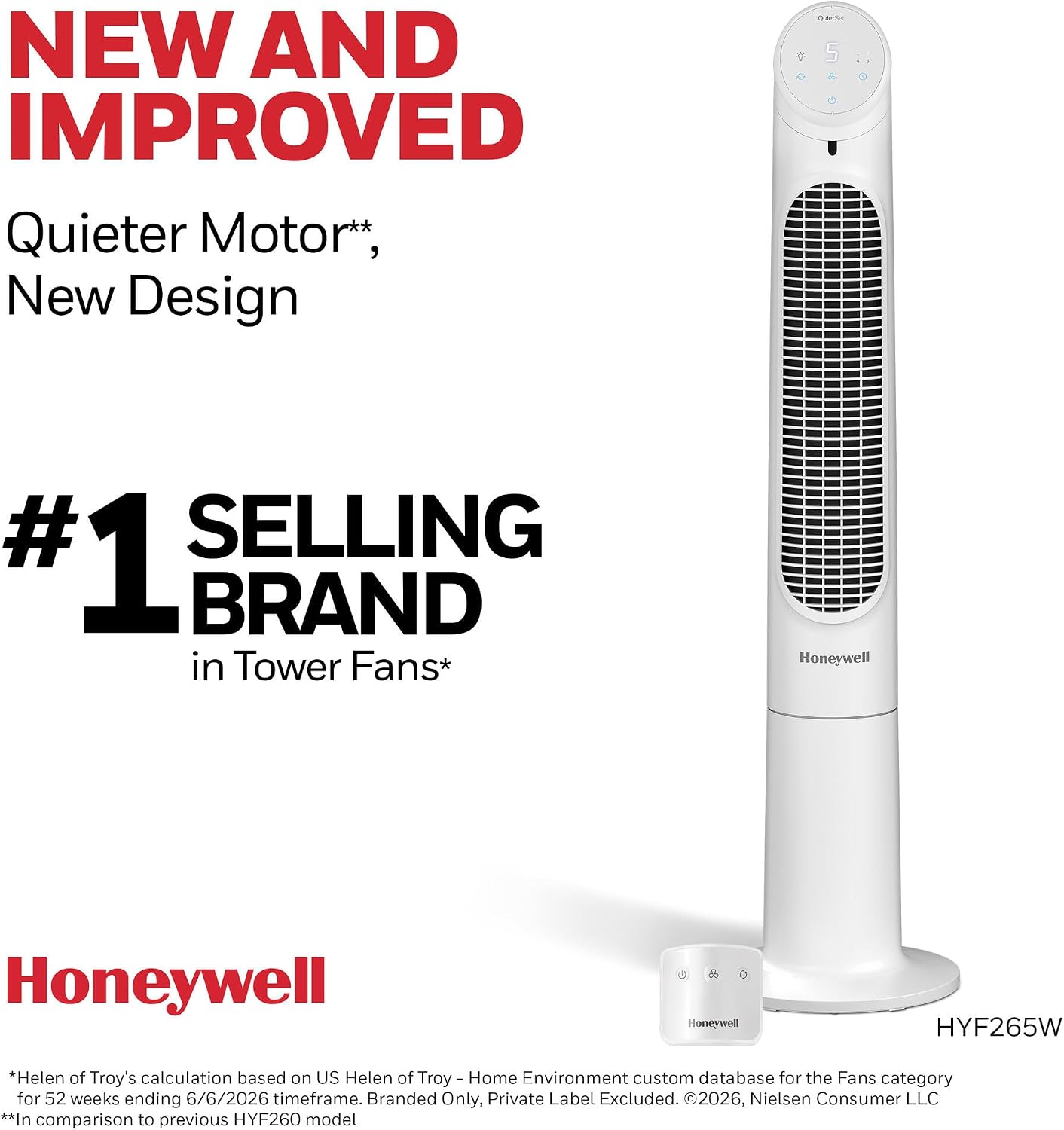 Honeywell 40" Quiet Set Oscillating Tower Fan, 30ft Air Circulation Power, 5 Speed, Remote, LED Display, White, HYF265W
