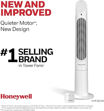 Honeywell 40 Quiet Set Oscillating Tower Fan, 30ft Air Circulation Power, 5 Speed, Remote, LED Display, White, HYF265W