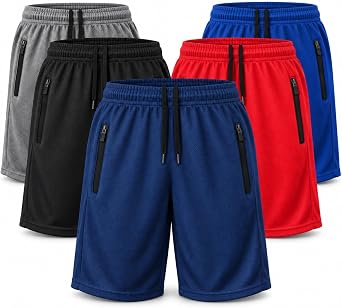 5 Pack Mens Basketball Shorts with Zipper Pockets, 9 Inch Mesh Athletic Gym Running Shorts Quick Dry