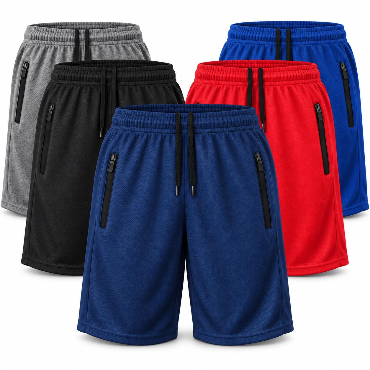 5 Pack Mens Basketball Shorts with Zipper Pockets, 9 Inch Mesh Athletic Gym Running Shorts Quick Dry