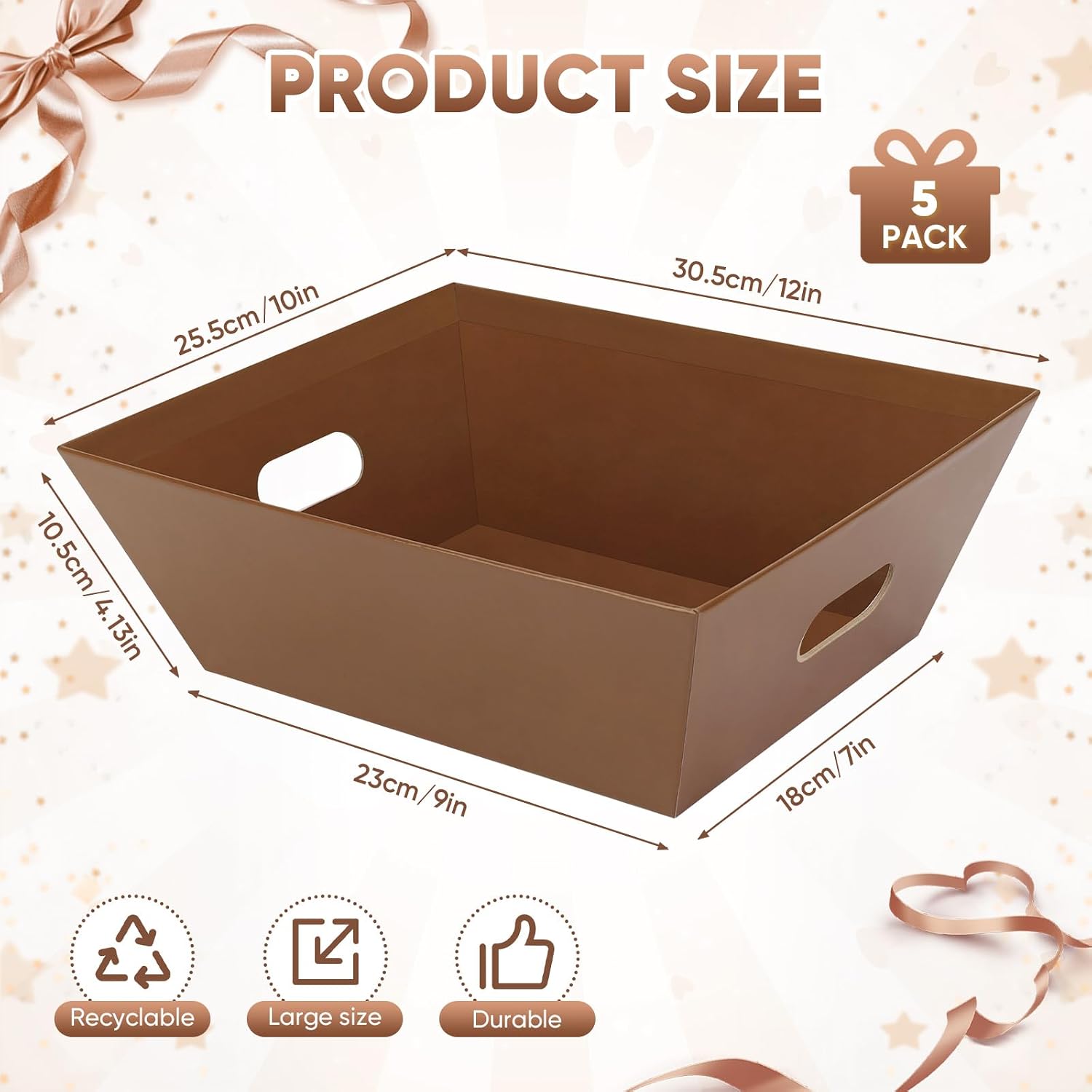 AFOROEOA 5 Pack Brown Baskets for Gifts Empty, 12x10x4” Kraft Gift Basket Kit with 5 Clear Bags, 5 Bows & 200g Crinkle Cut Paper - Large Empty Gift Baskets to Fill for Christmas, Weddings, Birthdays