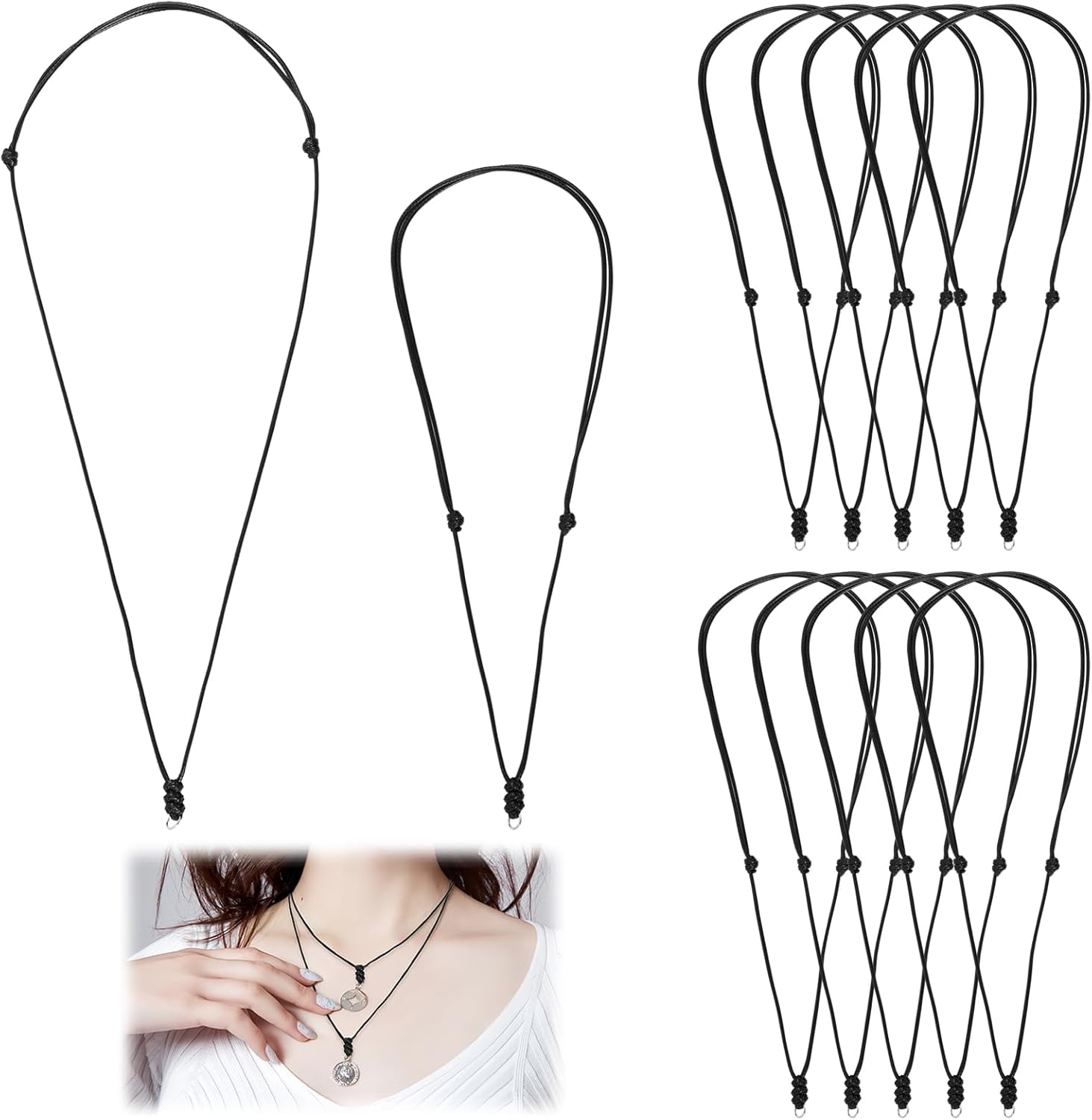 12 Pcs Necklace Cord, Black Rope Necklace for Men with Metal Pendant Ring, Adjustable Vintage Cord 14-26 Inches, Jewelry Making Supplies for DIY Craft and Gifts - Image 7