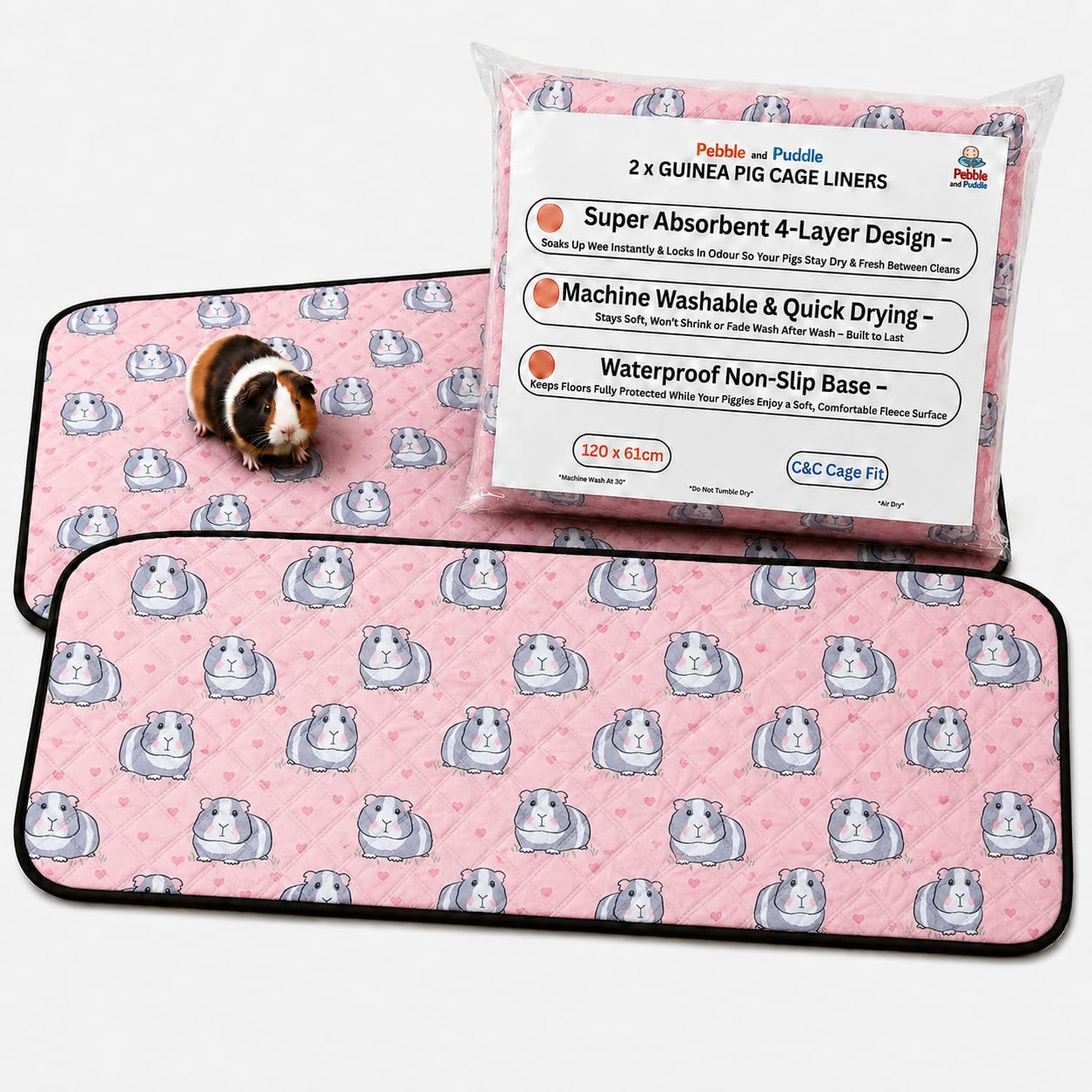 Pebble And Puddle Pink Pebble & Puddle Guinea Pig Cage Liners 61X120cm (2-Pack)–Waterproof & Machine Washable Reusable Cage Liners With Absorbent Core (Pink)