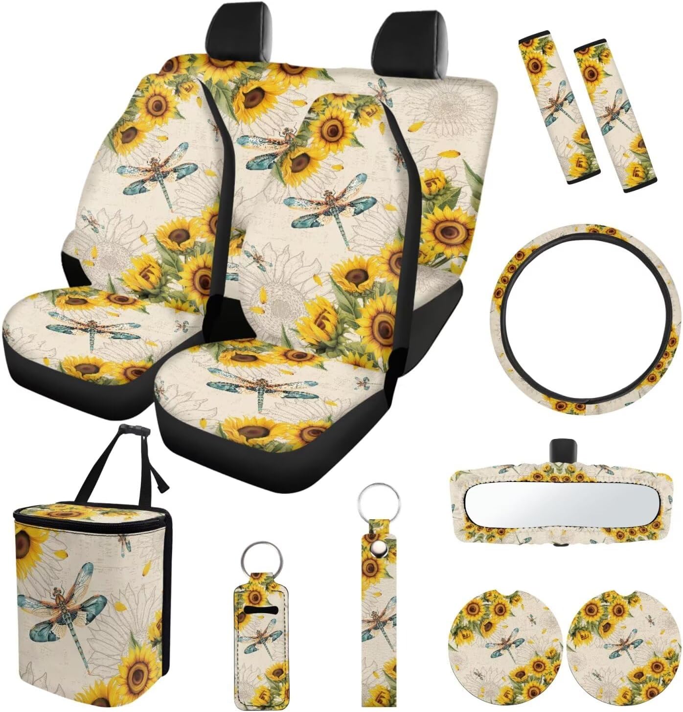CLOHOMIN Dragonfly Car Interior Accessories Full Set Car Seat Covers Steering Wheel Cover Seat Belt Cover Trash Bag Yellow Sunflowers Rearview Mirror Cover Coasters Lipstick Holder 13 PCS Auto Decor