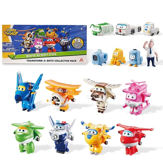 Super Wings Alpha Group Co., Ltd Transform-a-Bots World Airport Crew - Serie 1 - Crew Collection Pack - 15 Figuras de Juguete - Figuras de 5,1 cm