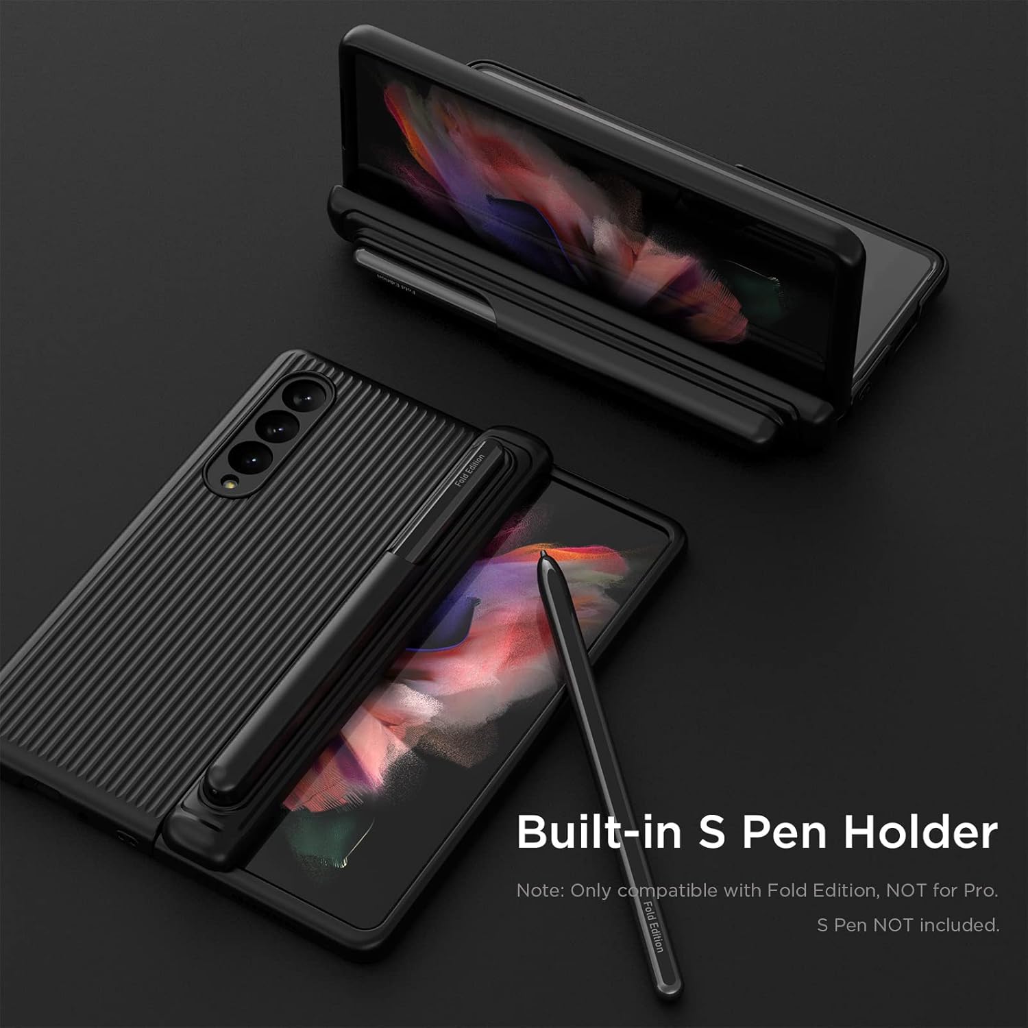 MAKAVO for Samsung Galaxy Z Fold 3 5G Case with Hinge Protection, S Pen Holder, Built-in Tempered Glass Screen Protector, Slim Fit 3D Non-Slip Texture 360 Degree Shockproof Phone Cover (Black)
