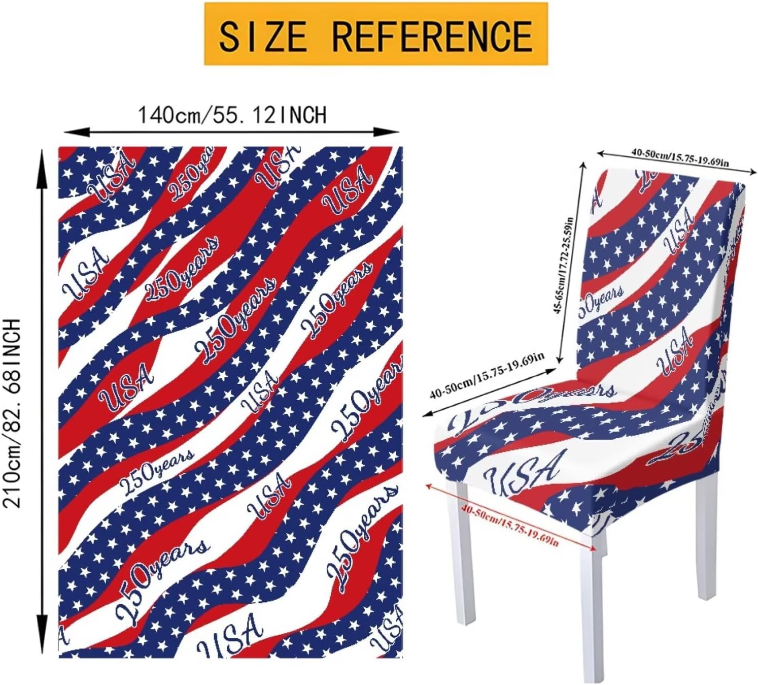 250 Year American Anniversary Seat Covers for Dining Chairs Removable Parsons Chair Slipcovers Table Cloth Set of 7, Dust-Proof Rectangle Tablecloths, 250 Year Stars and Stripes Print
