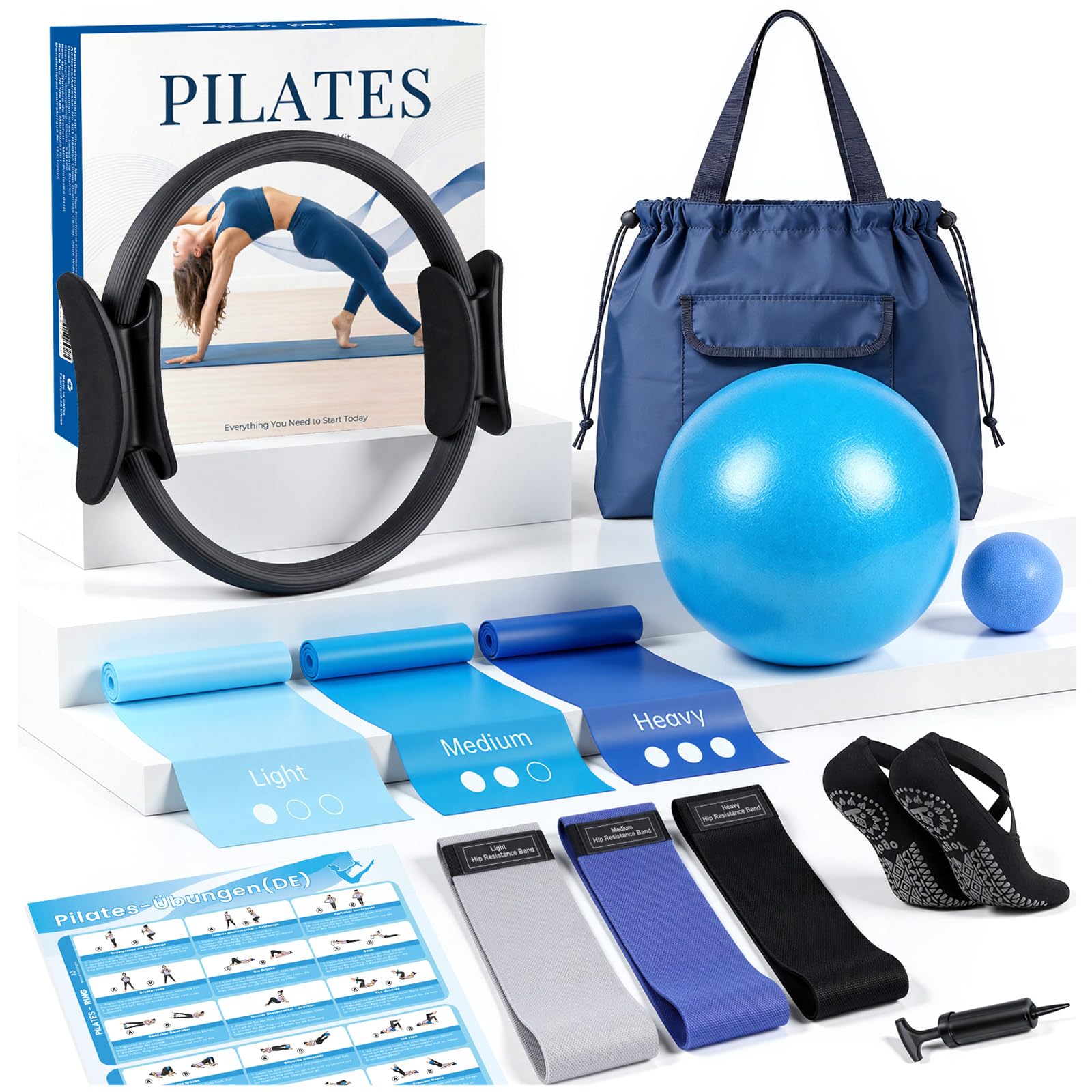 GINMIC Pilates Set, 13-teiliges Trainingsset für Zuhause mit Pilates-Ring und -Ball, 3 Widerstandsbänder in 3 Stärken, inkl. Übungsanleitung und Tragetasche – Ideal für Anfänger und Ganzkörpertraining
