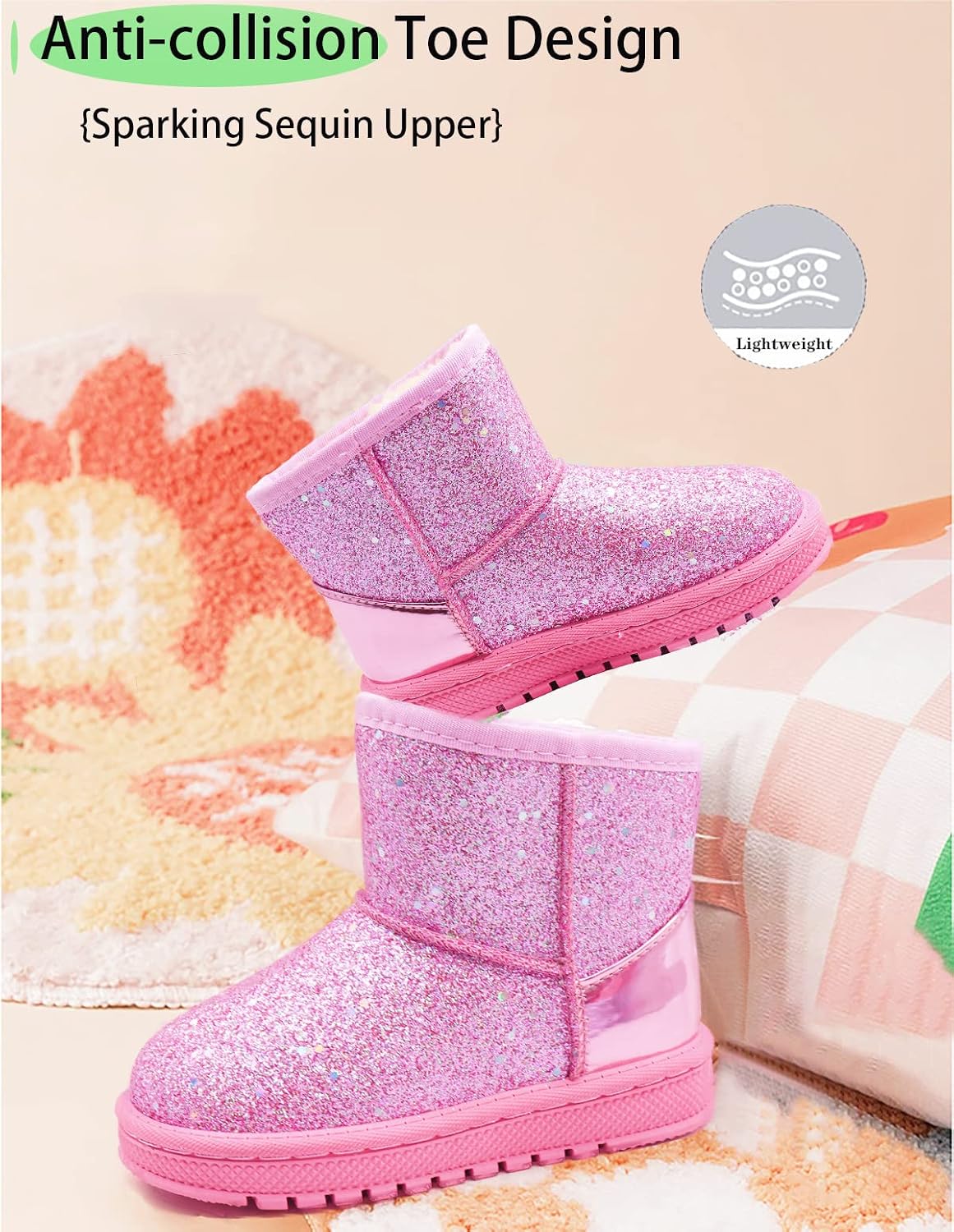 Girl's Boots Kid Glitter Warm Winter (Toddler/Little Kids) | Warm Plush,Sequin Upper,Slip-Resistant ,Anti-Collision Toe,Easy Pull-On,Lightweight Flexible,Cozy Comfort,Outdoor