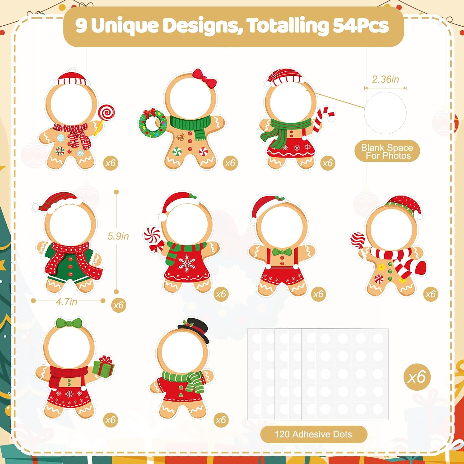 54Pcs Christmas DIY Paper Cutouts, Christmas Gingerbread Man Cut Outs Bulletin Board Decoration with Photo Space for Xmas DIY Craft Classroom Party Wall Decor, 9 Designs image 2