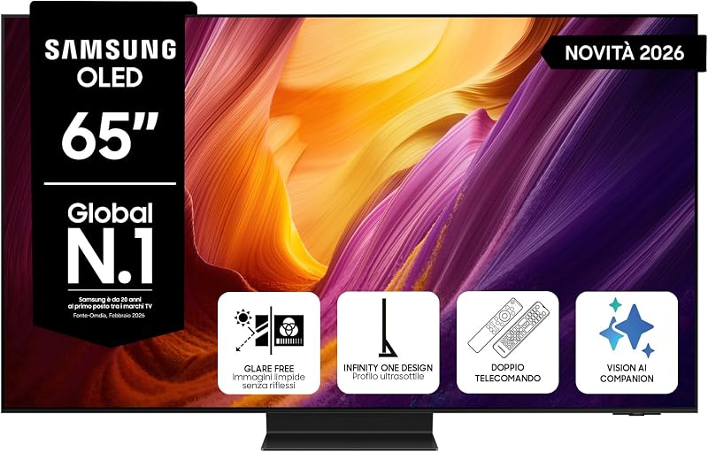 Samsung Smart TV 65" QE65S95HATXZT OLED 4K Glare Free, HDR 10+, Motion Xcelerator 165Hz, Dolby Atmos, FreeSync Premium Pro, Voice Control with AI(VAC), Alexa Built-in, PACCHETTO INTRATTENIMENTO, 2026