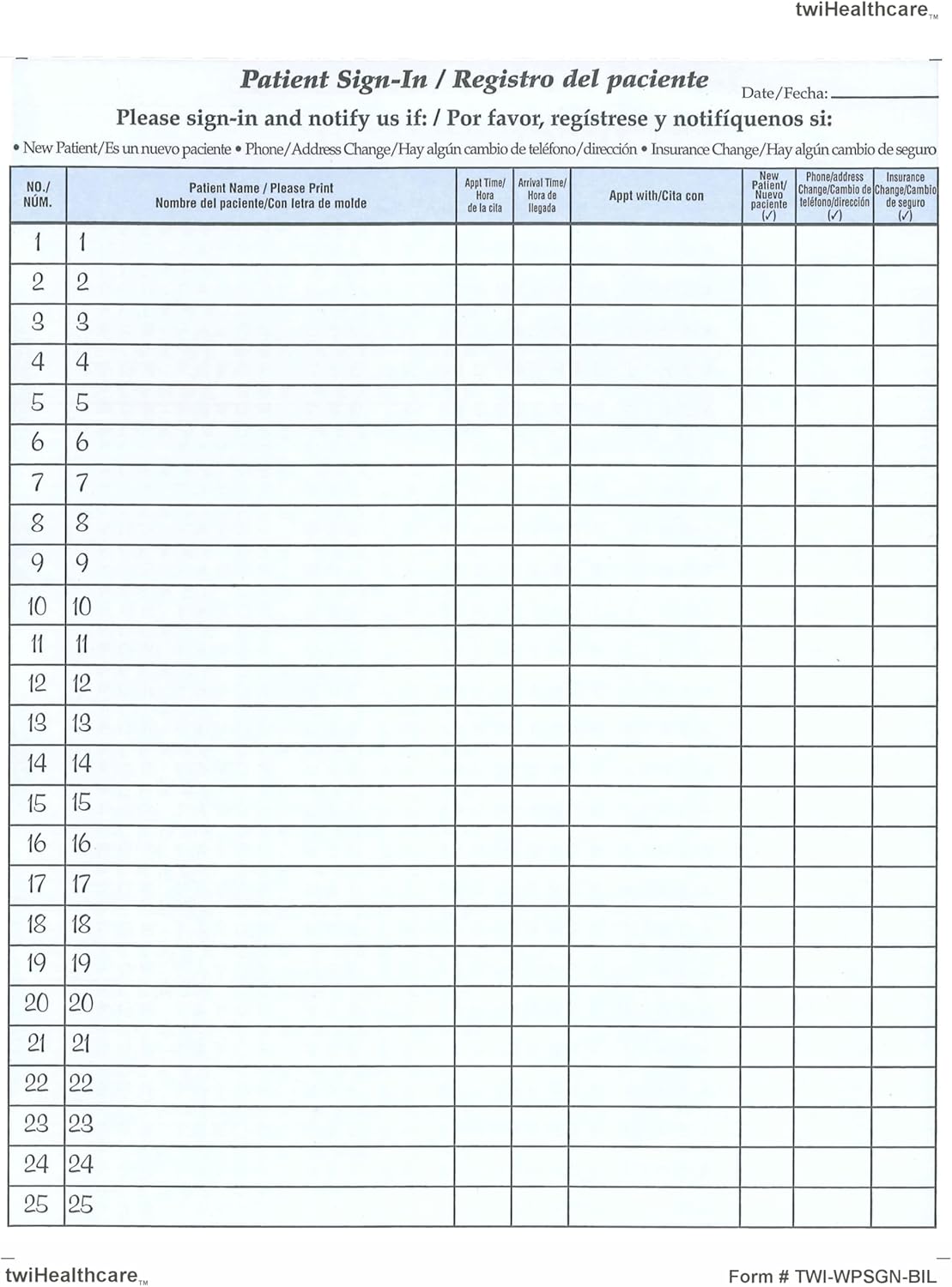 Patient Sign-in Sheets, Bilingual 8-1/2" X 11" (Blue) Carbonless Form (Lot of 250 Sheets) HIPAA Compliant