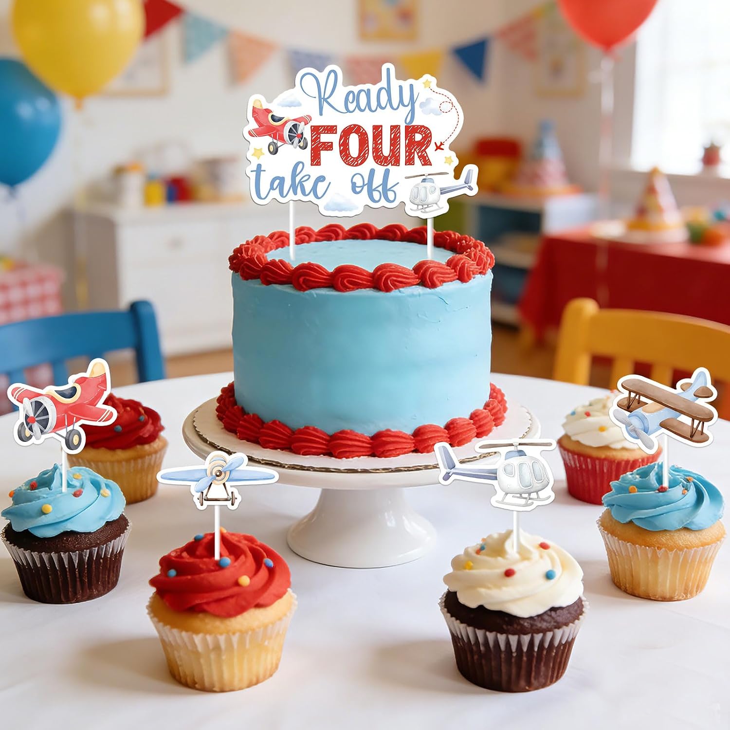 Airplane 4th Birthday Party Decorations Ready Four Take off Banner Backdrop Aviation Plane Theme Cake Cupcake Toppers Red Blue Latex Balloons for Boys Time Flies Theme 4th Birthday Party Supplies