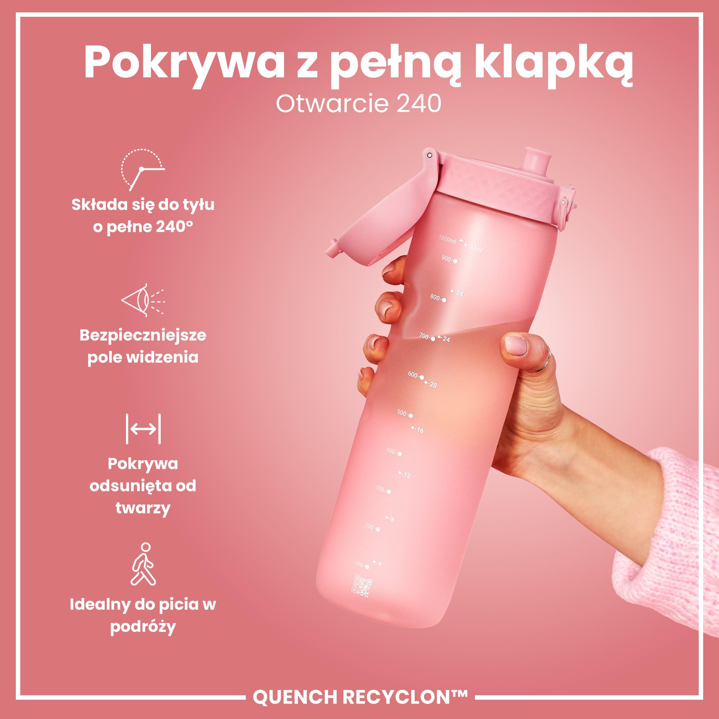 ION8 Butelka na Wodę 1 Litra, Szczelna, Łatwe Otwieranie, Uchwyt do Przenoszenia, Szybki Przepływ Płynu, Można Myć w Zmywarce, Bezpłatna BPA, Odpowiednia do Sportu i Siłowni, 1000 ml/32 oz, Jasny Róż