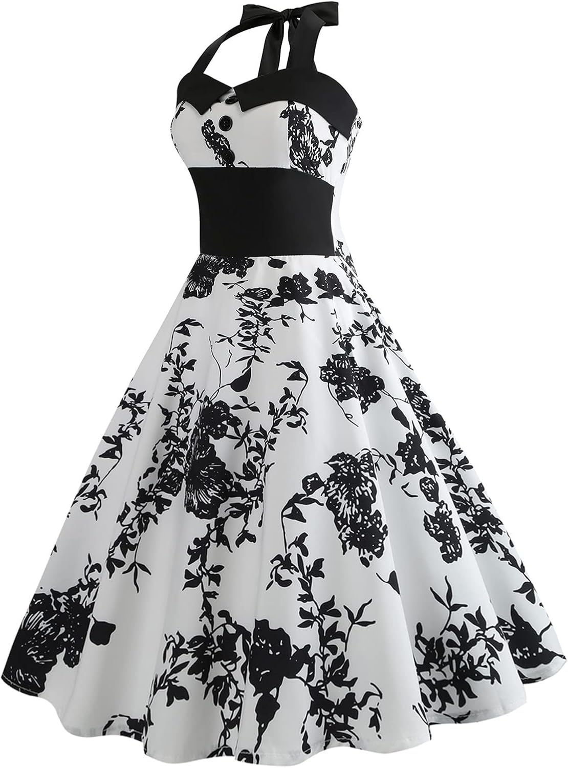 Women 50s 60s Vintage Floral Print Halter Neck Cocktail Swing Dress Buttons Backless Retro 1950s Rockabilly Audrey Hepburn Tea Party Prom Dress Boho Spring Short Wedding Evening Gown Black White S - Image 2