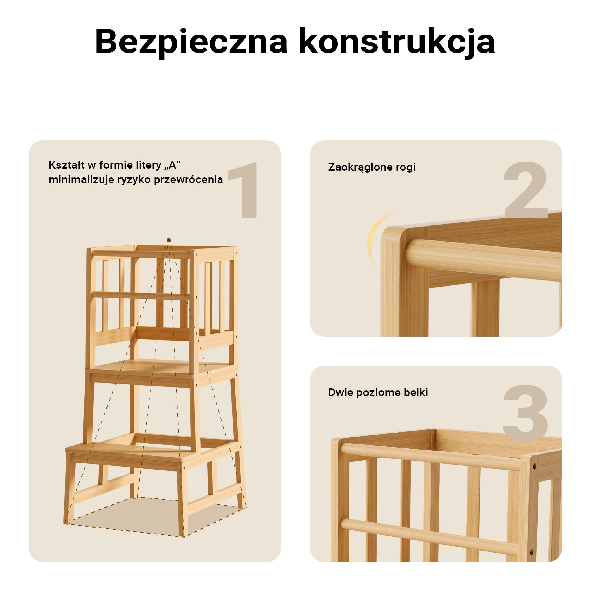 Wiltec Pomocnik kuchenny z bambusa dla dzieci z balustradą 46 x 46 x 90 cm, podest kuchenny do gotowania i zabawy, kitchen helper do kuchni i łazienki