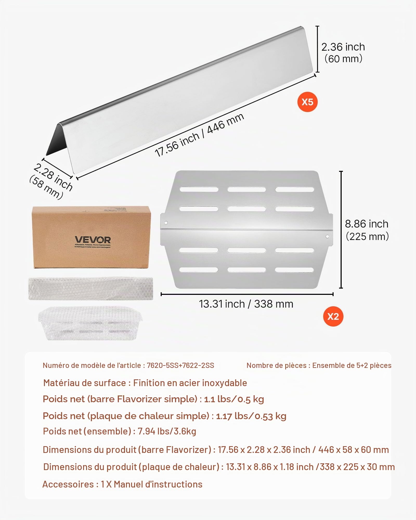 VEVOR Barres Cache-brûleurs et Diffuseur de Chaleur pour Barbecue 7PCs, Déflecteur de Graisse pour Brûleur 44,6 cm, Pièce de Rechange pour Barbecues Weber Genesis Série 300, E310, E320, E330, S310