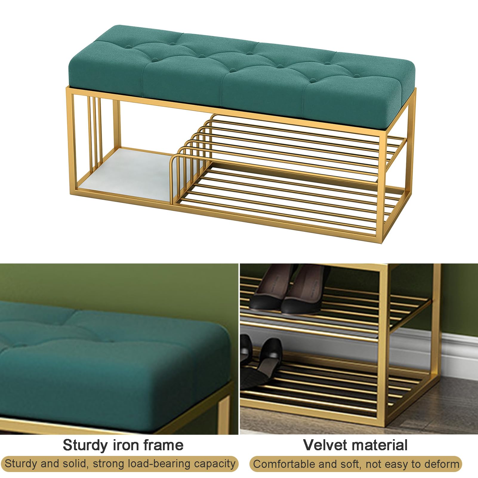 Zapatero tapizado de terciopelo con 3 niveles para entrada, elegante zapatero con marco de metal, cómodo asiento acolchado para decoración del hogar