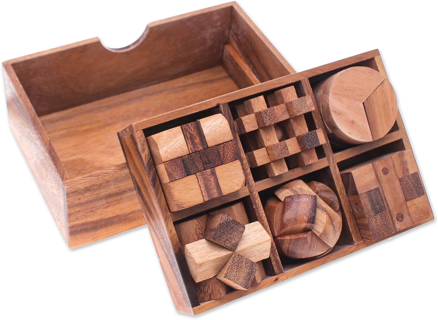 NOVICA Artisan Handmade Wood Puzzle Set Raintree from Thailand 6 Piece Brown Chess Sets Games Puzzles [Box 2.4in H x 7.5in W x 5.25in D Puzzles 6 2in H x 2in W x 2in D] ' Beautiful Challenge' 6
