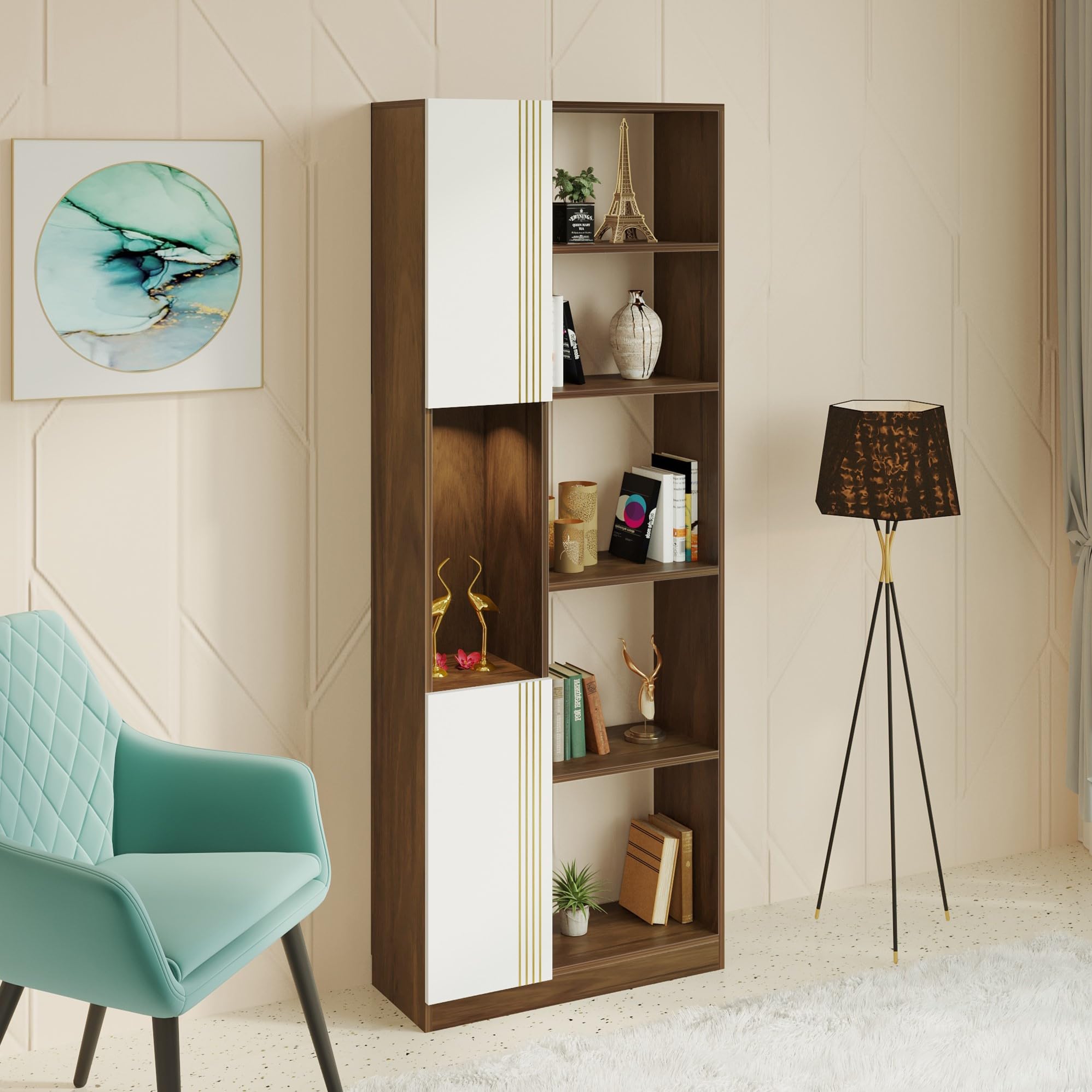 BLUEWUD Orivo Engineering Wood Multipurpose Bookshelf with LED Light, Open Decor Wall Display Shelves, Closed Storage Cabinet Racks Organizer for Living Room Bedroom Office Home (Brown Maple & White)-image-3