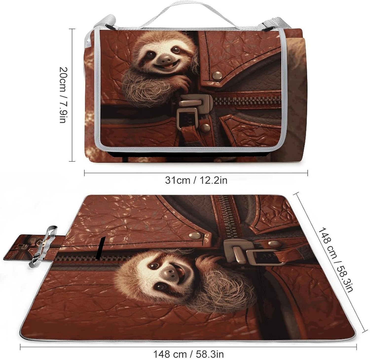 Sloth on Zipper Outdoor Mat Foldable ，Beach Blanket Waterproof Surface，Easy to Clean Travel Blanket， for Spring and Summer Grassland Camping