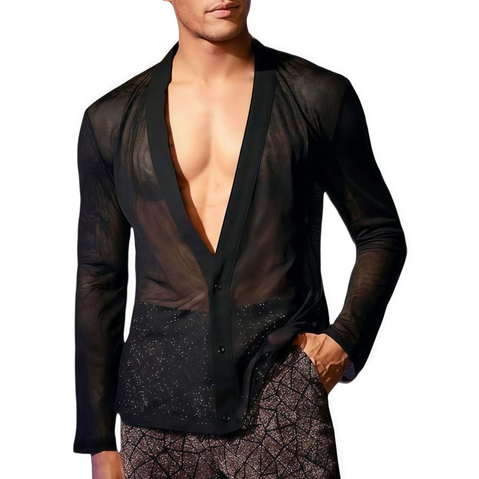 SamHeng Black Sheer Shirt for Men, Long Sleeve Button Down Casual Cardigan, Loose V Neck Transparent Individuality Top for Party Clubwear, Breathable Muscle Undershirt Blouse for Nightclub Disco Rave