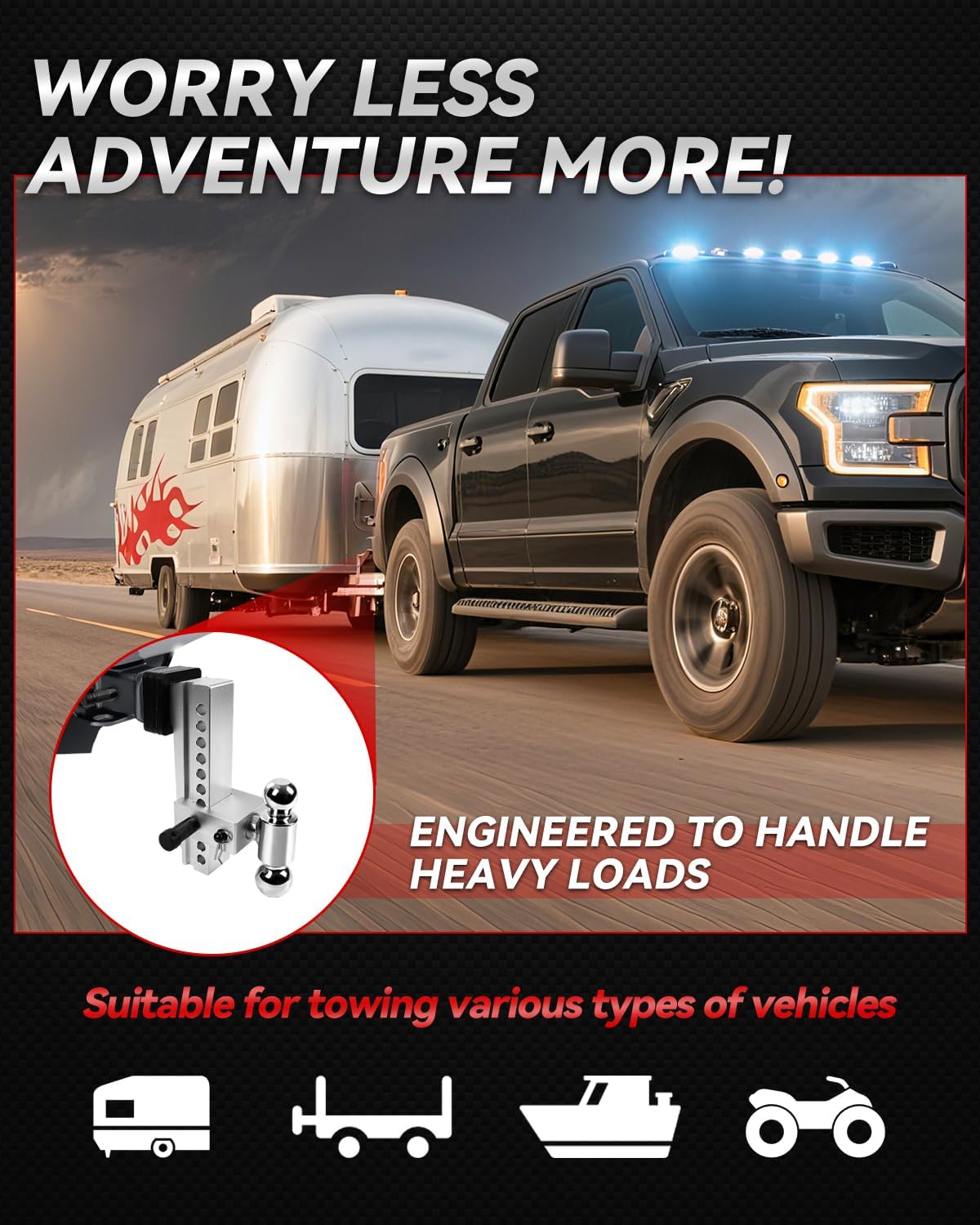 YIZBAP Adjustable Trailer Hitch, Towing Ball Mount, Fits 2.5-Inch Receiver, 10-Inch Drop/Rise Aluminum Drop Hitch, 18500LBS, 2-Inch and 2-5/16-Inch Balls Equipped with 2 latches with Locks