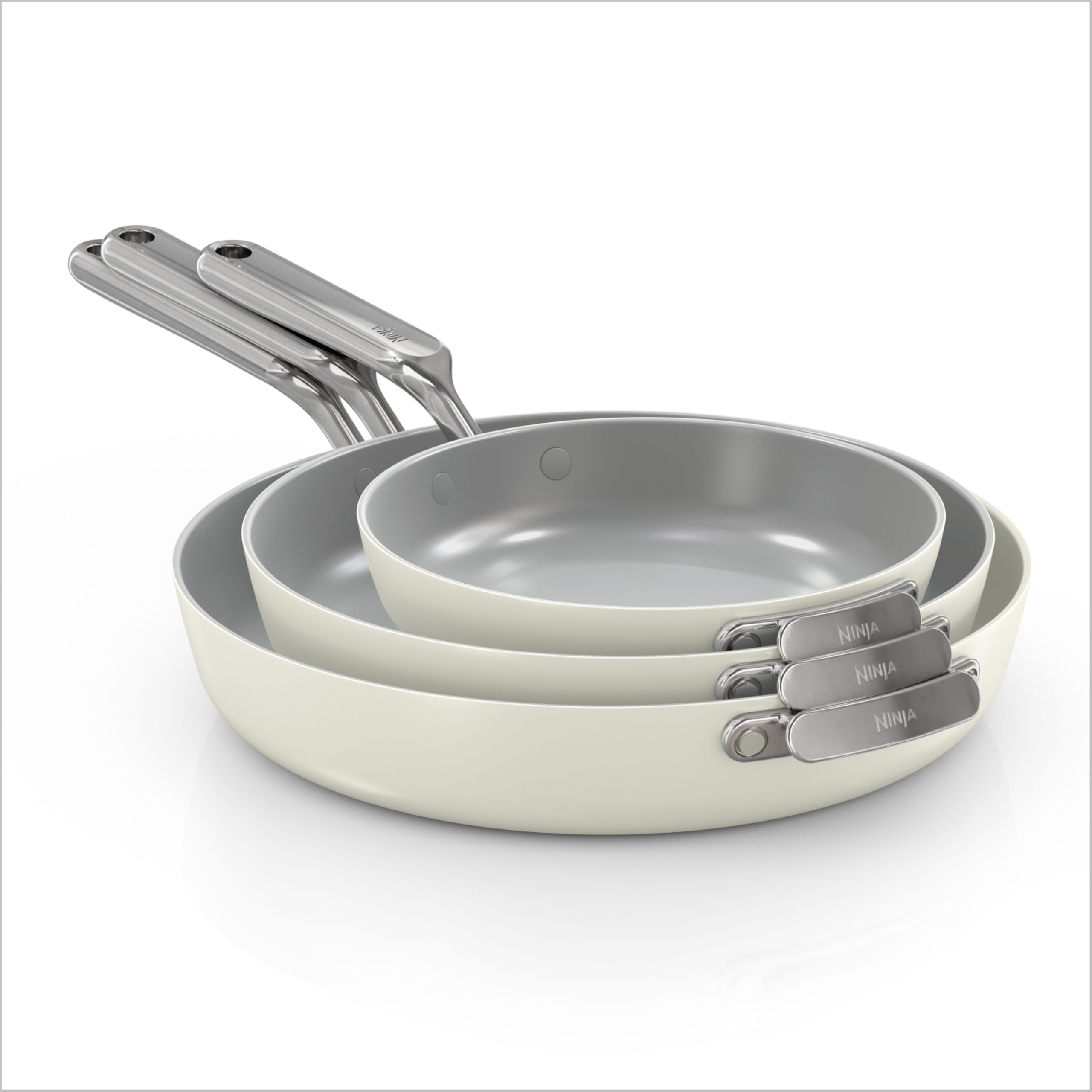 Ninja NeverQuit 3-Piece Ceramic Fry Pan Set, Bone & Silver, CQ13000IV2 | Nontoxic¹, nonstick ceramic-coated cookware set; 12” & 10.25” fry pan, 8” fry pan, easy storage, 3-year guarantee
